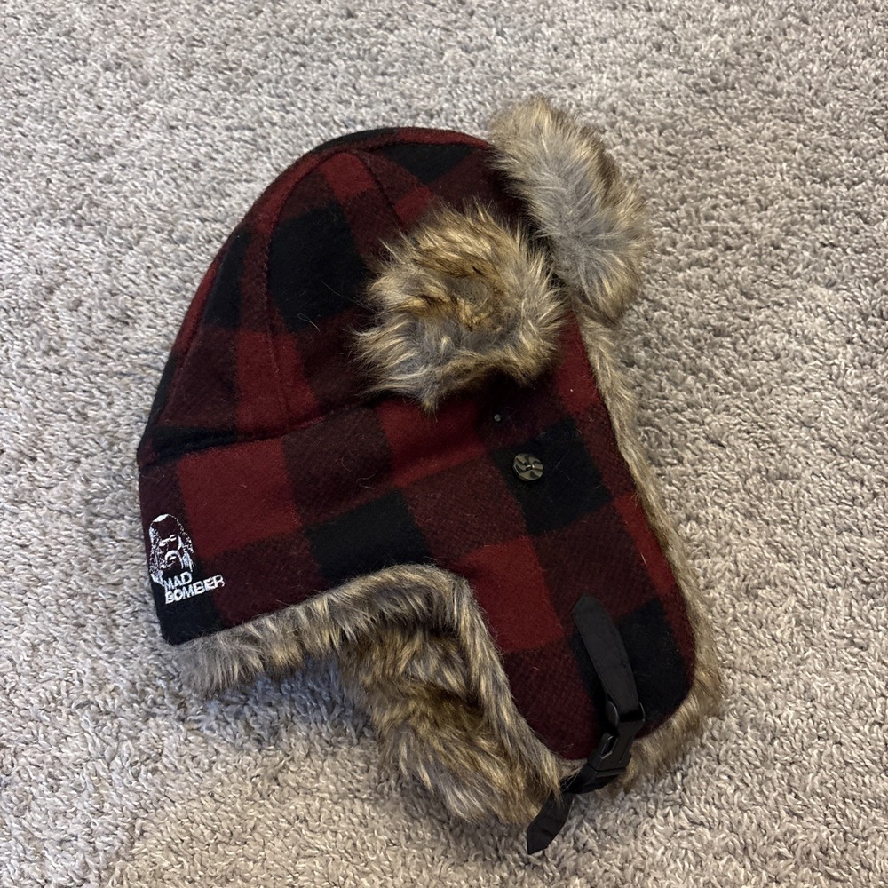 Mad Bomber Trapper Hat Red Black Buffalo Plaid Wool Faux Fur Winter Cap L *READ*